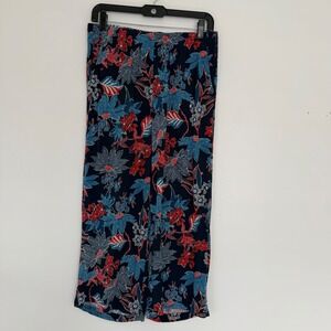 J. Jill Sarasa Wide Leg Cropped Tropical Pants XS Rayon Pull On Navy Red Floral